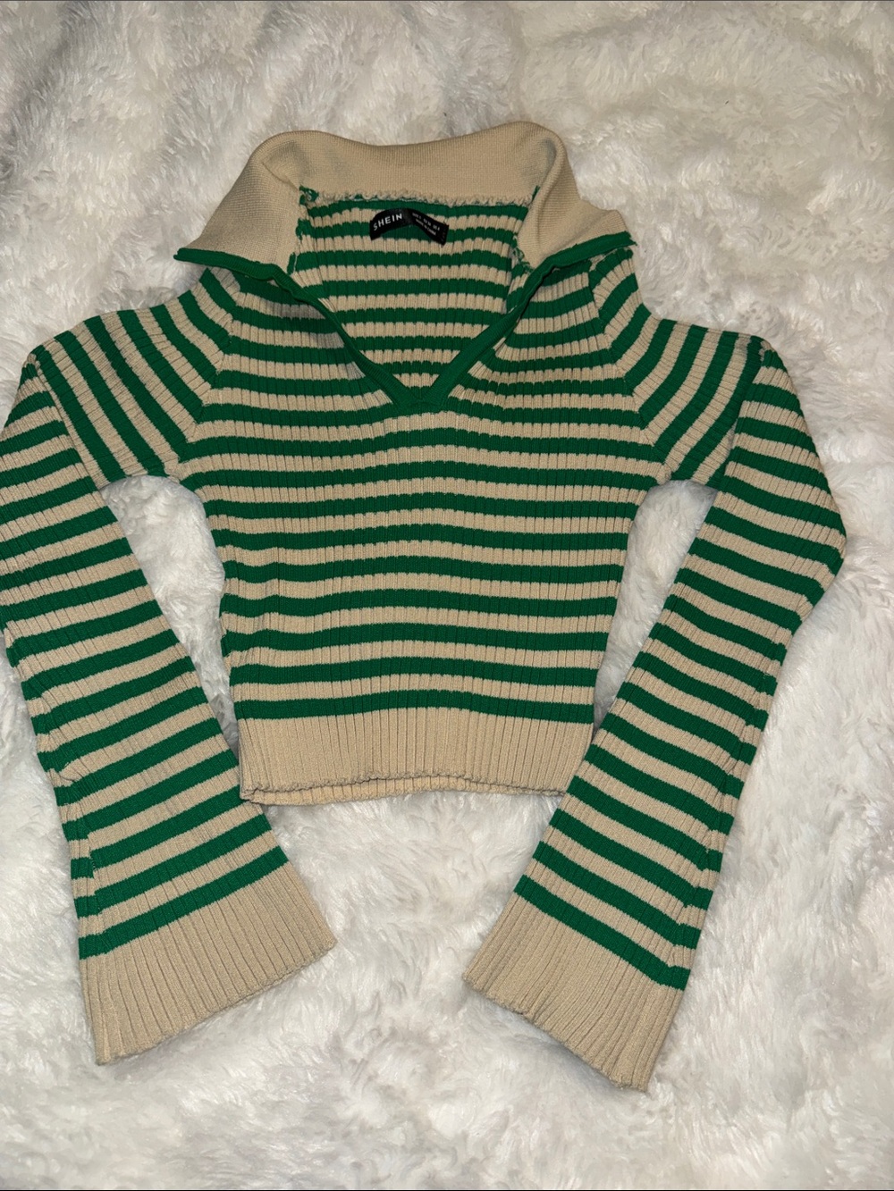SHEIN Green and Cream Striped Ribbed V-Neck Sweater with Fold Collar